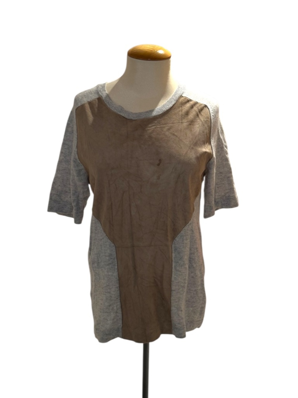 FINE COLLECTION tan/oat cashmere + real leather t-shirt top - size medium